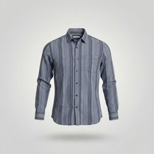 32 Bar Blues Button Up Men Linen Striped Shirt Nautical Coastal Preppy Resort